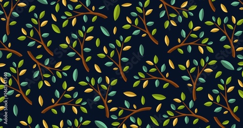 4K background of colorful leafy branches on a dark background. Perfect for fabric, wallpapers, packaging, and eco-themed designs.