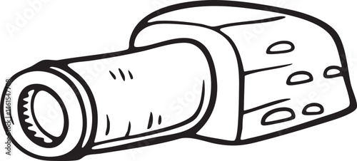 A black and white depicts a cylindrical flashlight.