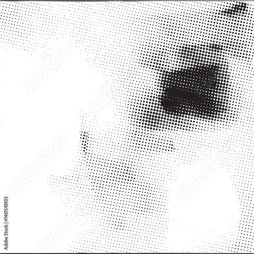 A grayscale portrait features a partially obscured face with a dynamic halftone dot