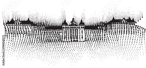 A black and white silhouette of a dominates a rolling landscape.