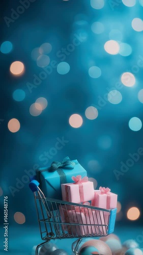Holiday gifts in a shopping cart with festive bokeh lights in a cozy setting