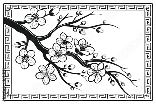 20 Black and white illustration, cherry blossom branches, delicate floral design, intricate line work, flowing curves, organic shapes, botanical art, negative space, contrast, minimalist composition, 
