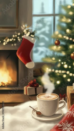Cozy holiday atmosphere with warm drink beside fireplace and Christmas tree decorated