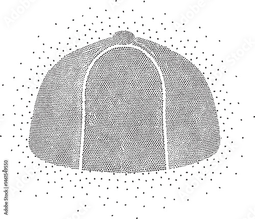 A stylized black baseball cap is composed of numerous tiny dots.