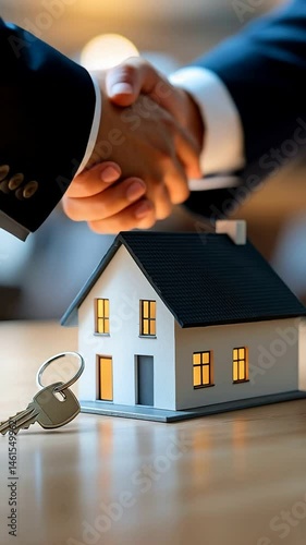 Miniature House Model with Keys and Handshake