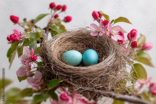 Robin's nest with blue eggs in blooming cherry tree