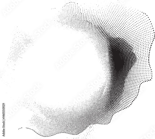 A dynamic black and white abstract wave emerges from a central point.