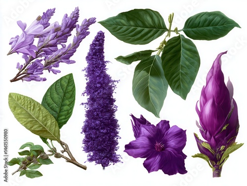 Collection of vibrant purple flowers lush green leaves