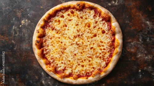 A top-down view of a classic cheese pizza with a golden crust and perfectly melted mozzarella.