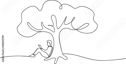 Continuous one line drawing of a person reading under a tree with dream-like branches, poetic and calm minimal composition on white background

