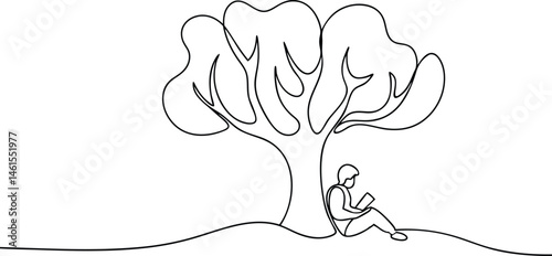 Continuous one line drawing of a person reading under a tree with dream-like branches, poetic and calm minimal composition on white background

