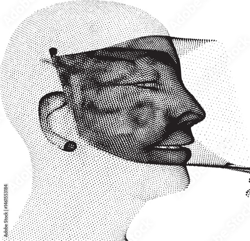 A stylized black and white portrait of a man with a thoughtful expression.