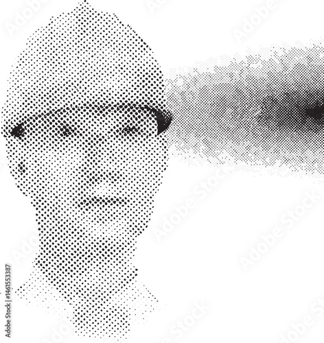 A halftone portrait of a person's face reveals intricate and textures.