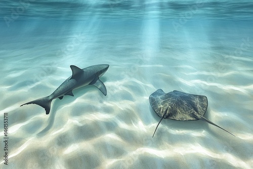 Shark and stingray crossing paths in crystal-clear shallows