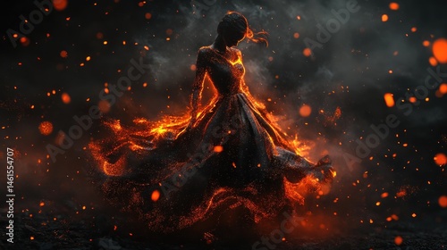 Woman in fiery dress, dramatic scene