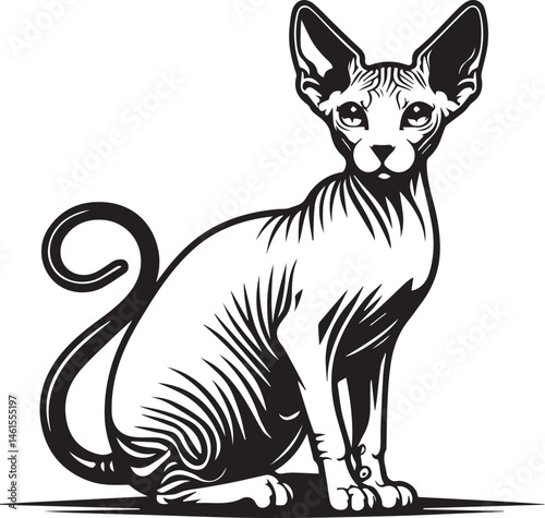 Sphynx Cat Vector Black and White Line Art Illustration