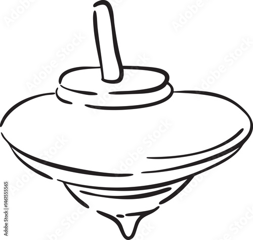 A black and white drawing depicts a spinning top resting on a flat circular surface.