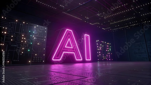 Large glowing “AI” letters on a neon digital matrix background highlighting artificial intelligence technology and innovation, integrating into futuristic data networks and modern tech design.