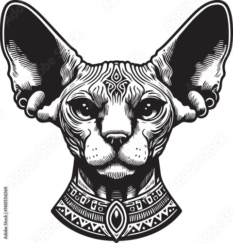 Sphynx Cat Vector Black and White Line Art Illustration