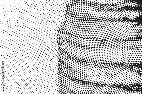 A monochrome portrait showcases a woman's face formed by numerous tiny dots.