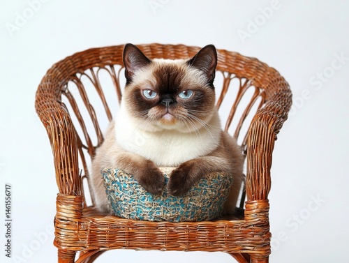 A grumpy looking brown and white Snowshoe cat sits regally on a miniature wicker chair against a clean white background in a studio setting. photo