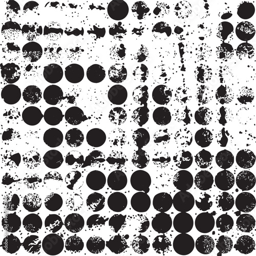 A dense arrangement of overlapping black and white circular shapes creates a textured abstract