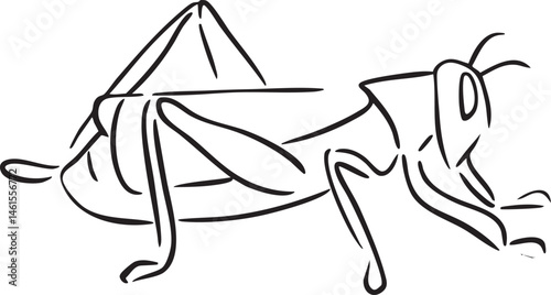 A stylized grasshopper stands poised on a textured surface.