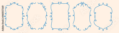 Rectangle wavy scallop frame in doodle vintage style. Border with elegant outline loop. Rectangular shapes with curvy and jagged borders in blue color.