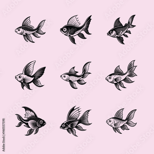 sea fish logo vector design, labeled linocut silhouette illustration.