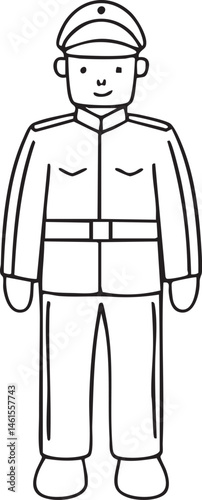 A uniformed figure stands in a neutral pose.