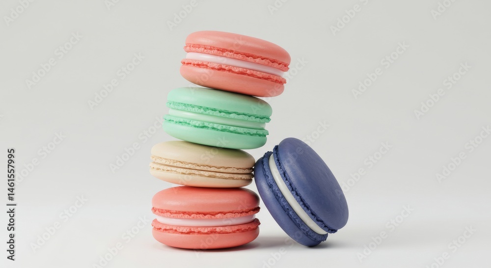 Fototapeta premium Colorful macarons stacked in a vertical arrangement.