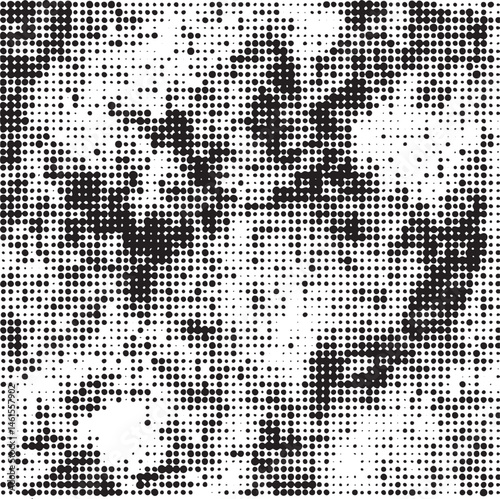 A grayscale portrait emerges from a dense field of black and white dots.