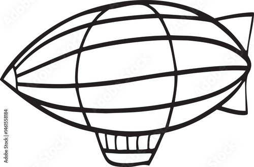 A stylized black and white depicts a classic airship floating against a gradient background.