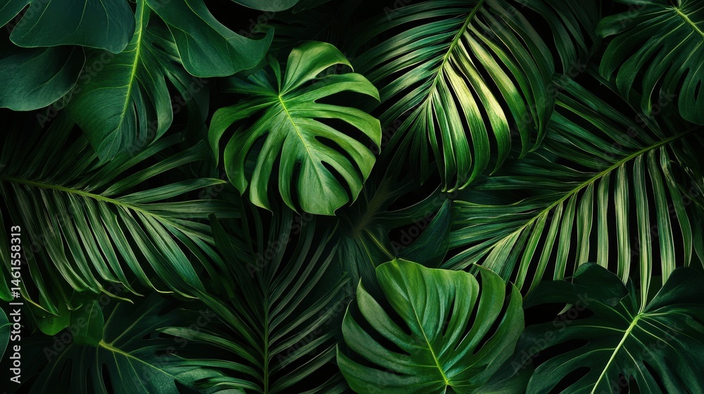 A tropical leaf pattern with lush green palm leaves and monstera foliage on a dark background, creating a jungle vibe. A tropical leaf pattern with lush green palm leaves and monstera foliage on a dark background, creating a jungle vibe.