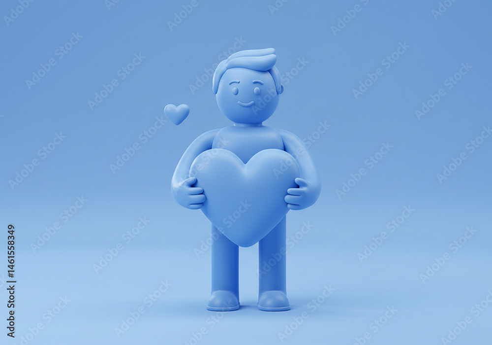 Fototapeta premium Holding Heart Shape Smiling Character with Heart on Light Blue Background