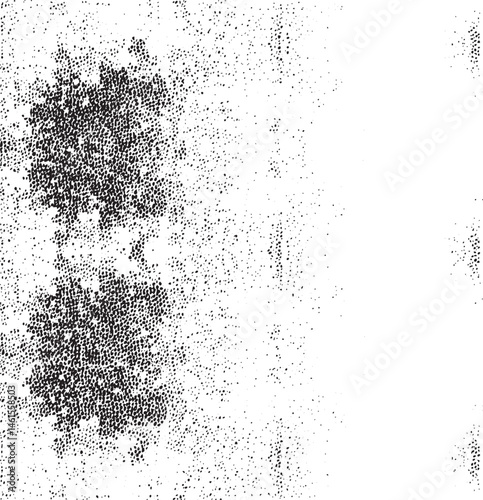 A dense textured tree silhouette dominates the right side of a scattered white background.