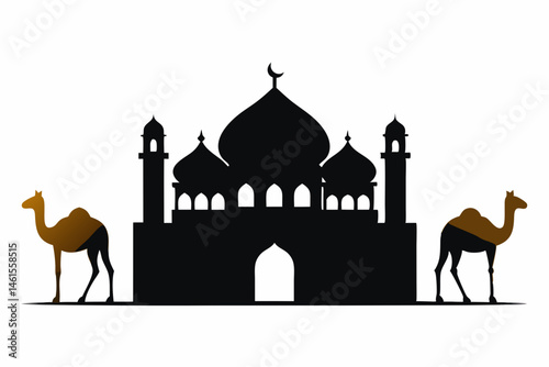 Mosque and Camels  silhouette vector illustration