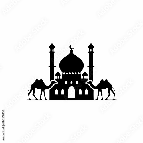 Mosque and Camels  silhouette vector illustration