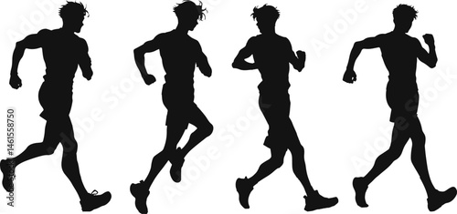 Silhouette of runners in different motion phases, showcasing speed, energy, and athleticism. Ideal for themes related to sports, fitness, and movement.