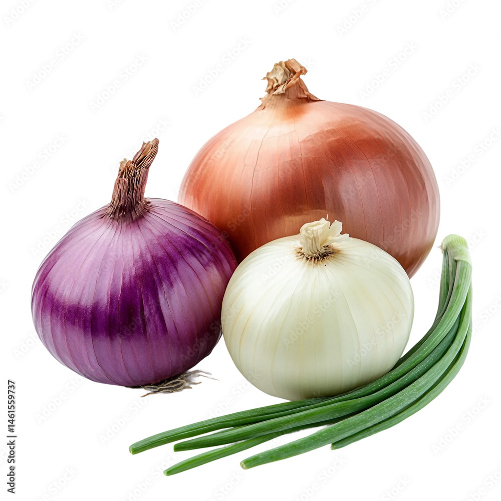 Fototapeta premium Fresh onions in different varieties for culinary use isolated [Transparent Background PNG].