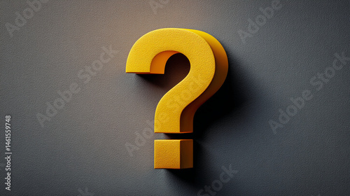 Yellow question mark on dark gray textured background, representing inquiry, doubt, or the search for answers, suitable for websites or presentations needing a questioning theme