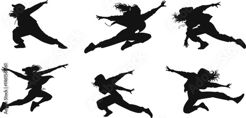 Silhouette of dancers in dynamic poses, showcasing energy, movement, and expression.