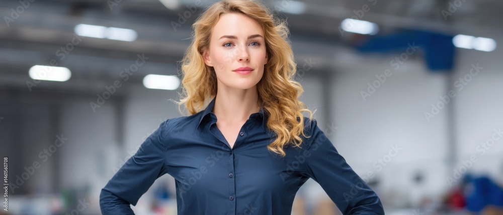 Confident woman in a blue shirt stands in a modern workspace, showcasing a professional look and attitude.