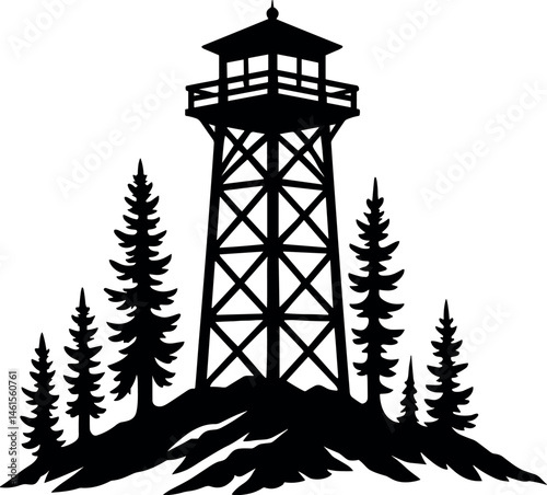 Forest Watchtower Vector Black Silhouette Cricut Print Design Isolated on a Plain White Background