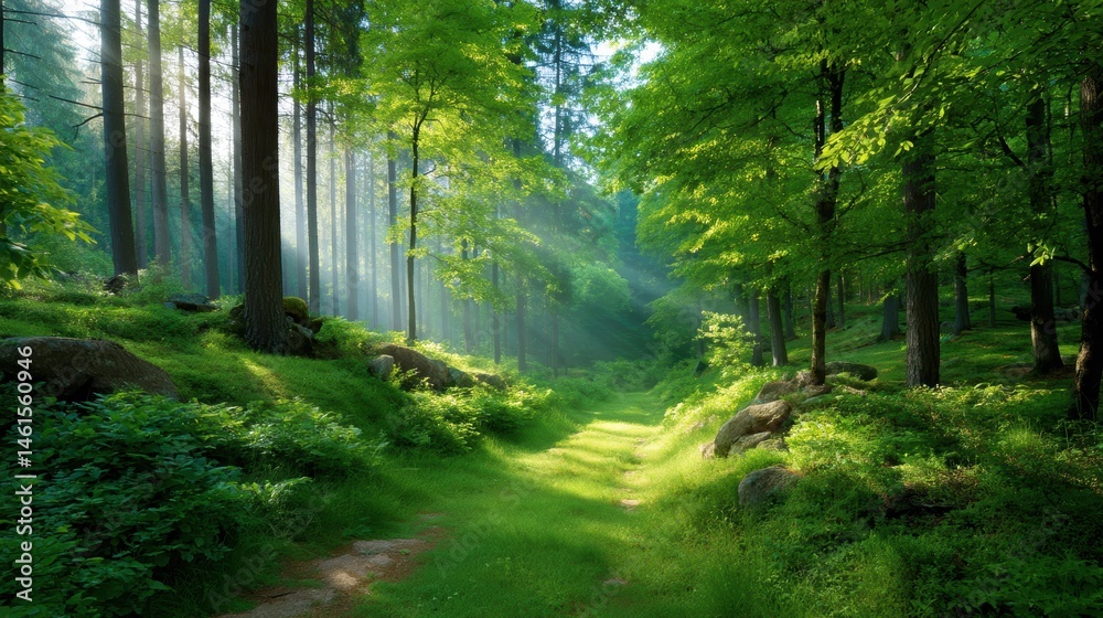 A serene forest path surrounded by lush greenery and tall trees, illuminated by soft sunlight filtering through the foliage.