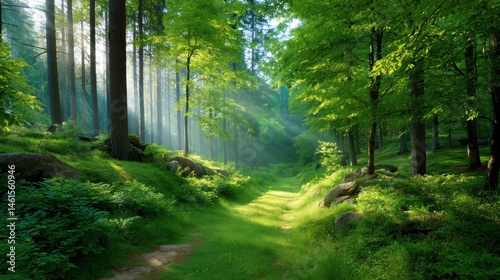 Obraz na płótnie A serene forest path surrounded by lush greenery and tall trees, illuminated by soft sunlight filtering through the foliage. w salonie