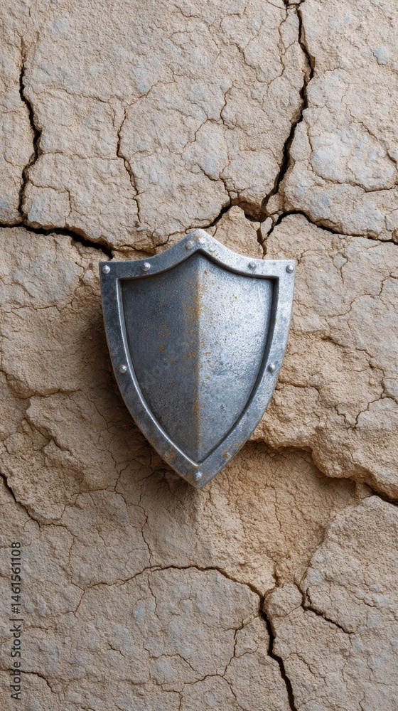 A metallic shield is mounted on a cracked, parched surface, symbolizing protection and resilience in a harsh environment.