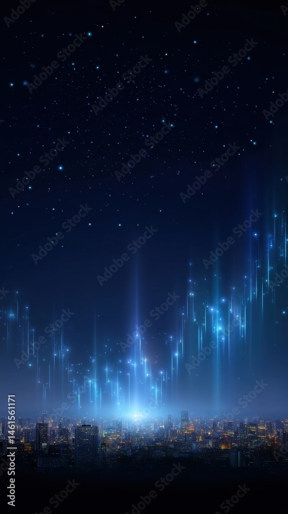 Futuristic cityscape illuminated by vibrant blue lights and a starry sky, creating a mesmerizing digital atmosphere.
