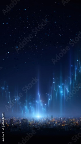 Obraz na płótnie Futuristic cityscape illuminated by vibrant blue lights and a starry sky, creating a mesmerizing digital atmosphere. w salonie