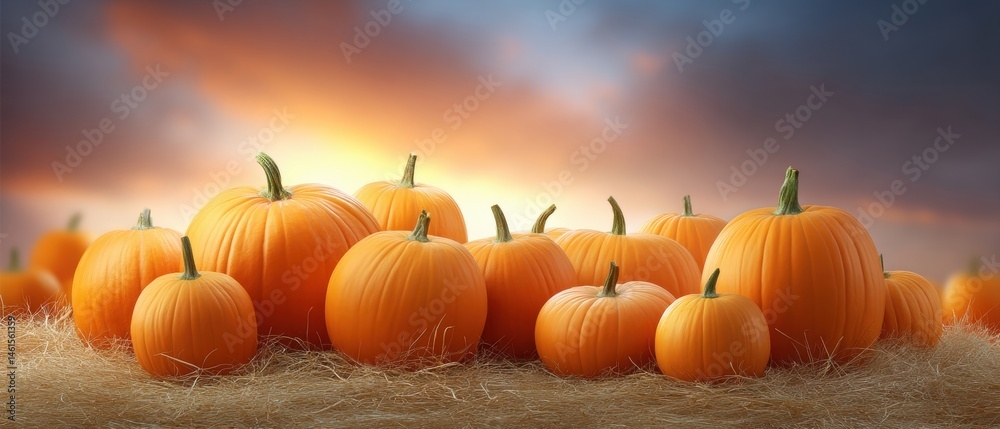 Vibrant pumpkins scattered in a field at sunset, showcasing autumn's harvest beauty and warm color palette.